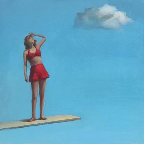 YOUNG WOMAN LOOKING AT THE CLOUDS
